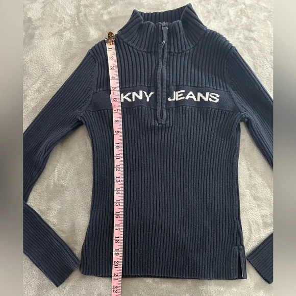 DKNY Y2K fitted ribbed logo navy blue quarter zip sweater - Picture 3 of 9